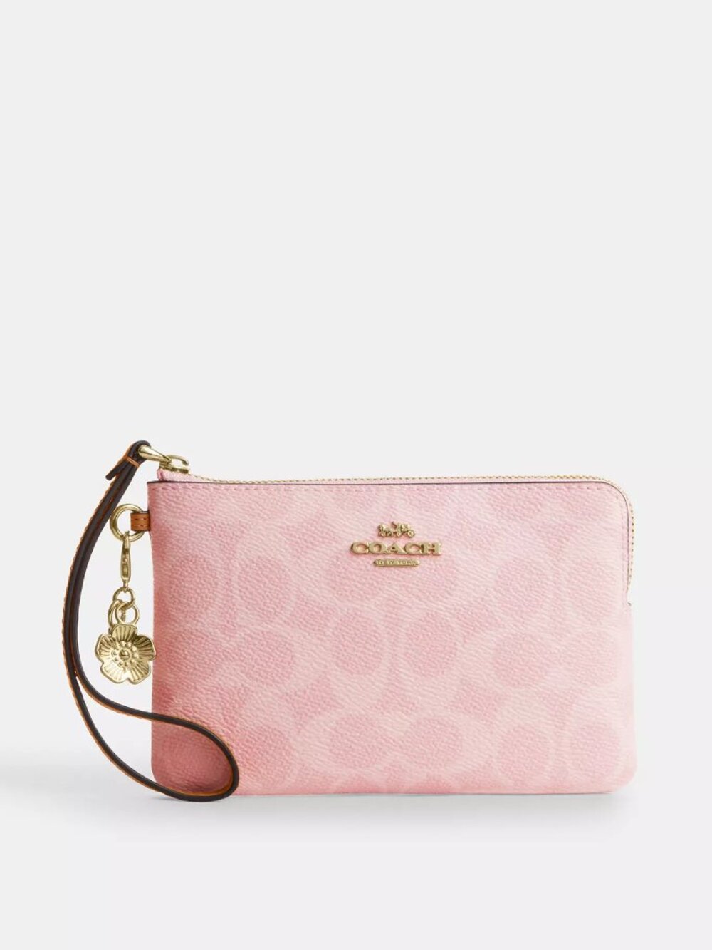 Coach Corner Zip Wristlet Powder Pink In Signature Canvas With Charms NWT